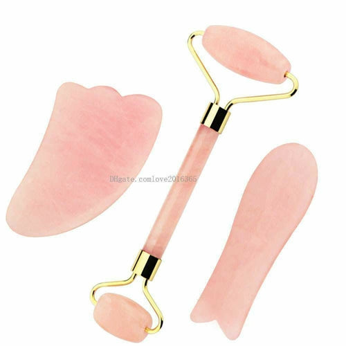 3pcs/set Natural Rose Quartz Gua Sha Jade Facial Massage Roller
